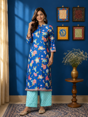 Royal Blue Floral Printed Kurta Pant Set