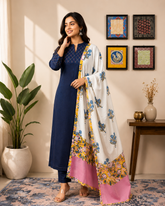 Navy Blue Embroidered Kurta Set with White Floral Printed Dupatta