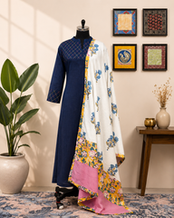 Navy Blue Embroidered Kurta Set with White Floral Printed Dupatta