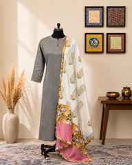 Grey Embroidered Kurta Set with White Printed Dupatta & Pink Border Detailing