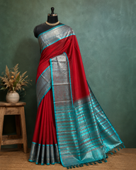 Ruby Teal Traditional Silk Saree with Zari Border