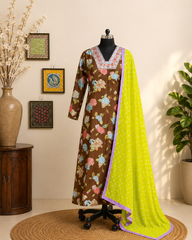 Chocolate Brown Floral Cotton Kurta Set with Contrast Dupatta
