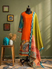 Vibrant Orange Cotton Kurta Set with Artistic Printed Dupatta