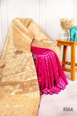 Customised Bandhani & Brocade Half-and-Half Saree in Fuchsia Pink and Antique Gold