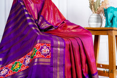 Customised Pure Silk Saree with Handcrafted Pure Ikat Border in Ruby Red & Royal Purple