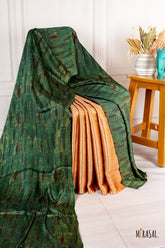 Half & Half Ajrakh Saree with Brocade in Deep Bottle Green and Antique Gold