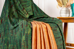 Half & Half Ajrakh Saree with Brocade in Deep Bottle Green and Antique Gold