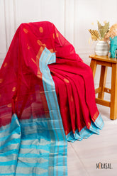 Crimson Red Silk Cotton Saree with Sky Blue Zari Border