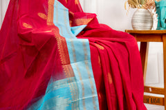 Crimson Red Silk Cotton Saree with Sky Blue Zari Border