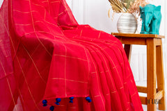 Crimson Red Chanderi Cotton Saree with Gold Checks & Royal Blue Silk Border Blouse
