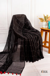 Classic Black Chanderi Cotton Saree with Gold Checks & Pink Bandhani Blouse