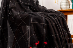 Classic Black Chanderi Cotton Saree with Gold Checks & Pink Bandhani Blouse