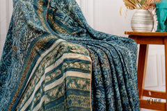 Handcrafted Ajrakh Print Saree in Teal Blue with Floral Embroidery Highlights