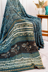 Handcrafted Ajrakh Print Saree in Teal Blue with Floral Embroidery Highlights