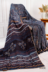 Handcrafted Ajrakh Saree in Deep Indigo–Black with Floral Embroidery Highlights