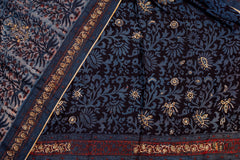 Handcrafted Ajrakh Saree in Deep Indigo–Black with Floral Embroidery Highlights