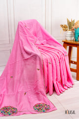 Chanderi Cotton Saree in Rose Pink with Hand-Embroidered Pallu