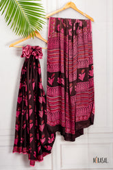 Ajrakh Print Saree in Black & Deep Pink