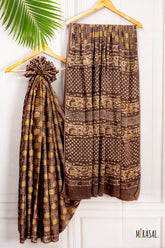 Handcrafted Ajrakh Saree in Earthy Brown & Mustard Tones