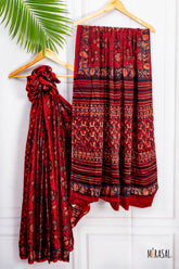 Handcrafted Ajrakh Saree in Deep Crimson Red with Indigo & Madder Accents