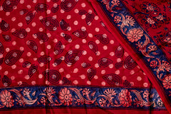 Handcrafted Ajrakh Saree in Deep Crimson Red with Indigo & Madder Accents
