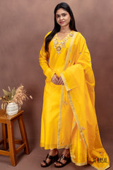 Yellow Cotton Salwar Suit with Embroidered Neckline