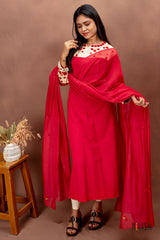 Red Cotton Salwar Suit with Embroidered Yoke