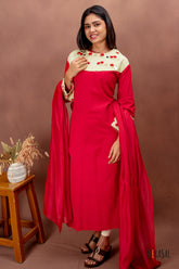 Red Cotton Salwar Suit with Embroidered Yoke