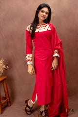 Red Cotton Salwar Suit with Embroidered Yoke