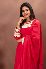 Red Cotton Salwar Suit with Embroidered Yoke