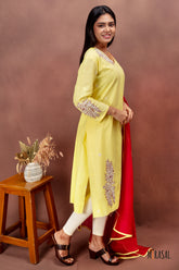 Lemon Yellow Cotton Salwar Set with Red Dupatta