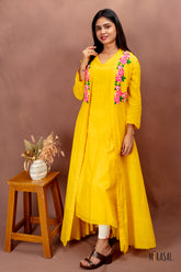 Sunshine Yellow Cotton Dress with Embroidered Shrug