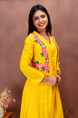 Sunshine Yellow Cotton Dress with Embroidered Shrug