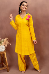 Sunshine Yellow Cotton Kurta Set with Floral Embroidery