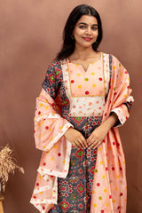 Grey Tussah Ethnic Kurta Set with Peach Chanderi Cotton Dupatta