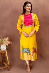 Sunlit Elegance in Silk Cotton with Kalamkari Art