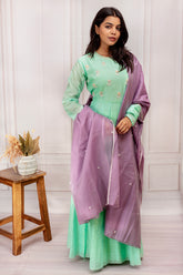 Mint Green Cotton Embroidered Anarkali Set with Mauve Sheer Dupatta