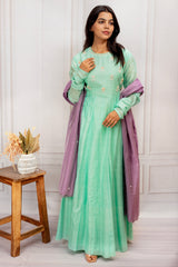 Mint Green Cotton Embroidered Anarkali Set with Mauve Sheer Dupatta