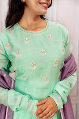 Mint Green Cotton Embroidered Anarkali Set with Mauve Sheer Dupatta
