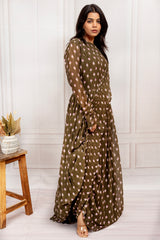Olive Green Floral Printed Georgette Maxi Dress
