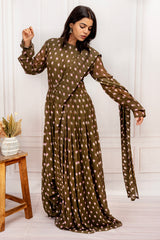 Olive Green Floral Printed Georgette Maxi Dress