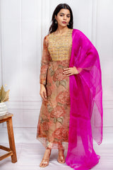 Floral Tissue Printed Kurta with Handworked Yoke & Fuchsia Organza Dupatta