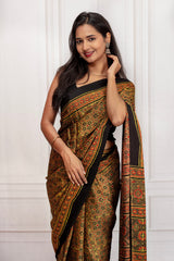 Elegant Black Ajrakh Printed Saree with Traditional Motifs