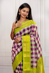 Purple & Cream Checked Silk Saree with Lime Green Zari Border