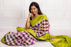 Purple & Cream Checked Silk Saree with Lime Green Zari Border