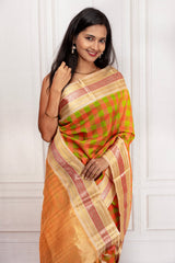 Traditional Silk Saree with Orange-Green Checks and Rich Golden Pallu
