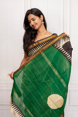 Vibrant Green Pallu Cotton Saree with Golden Border