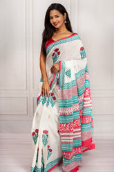 White Handcrafted Cotton Saree with Floral Prints