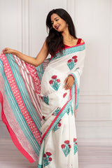 White Handcrafted Cotton Saree with Floral Prints