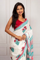 White Handcrafted Cotton Saree with Floral Prints